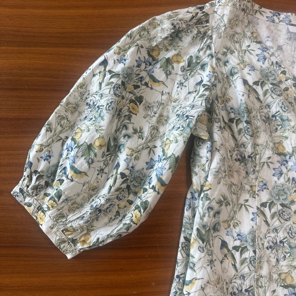 J.Jill Linen Midi Dress Large Lucite Bird Utopia Puff Sleeve Cottage Coastal - Picture 6 of 16